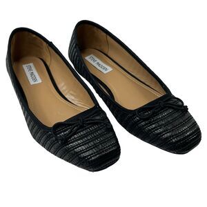 Steve Madden Black Seemly Raffia Straw Ballet Flats 8 Woven Bow Tie